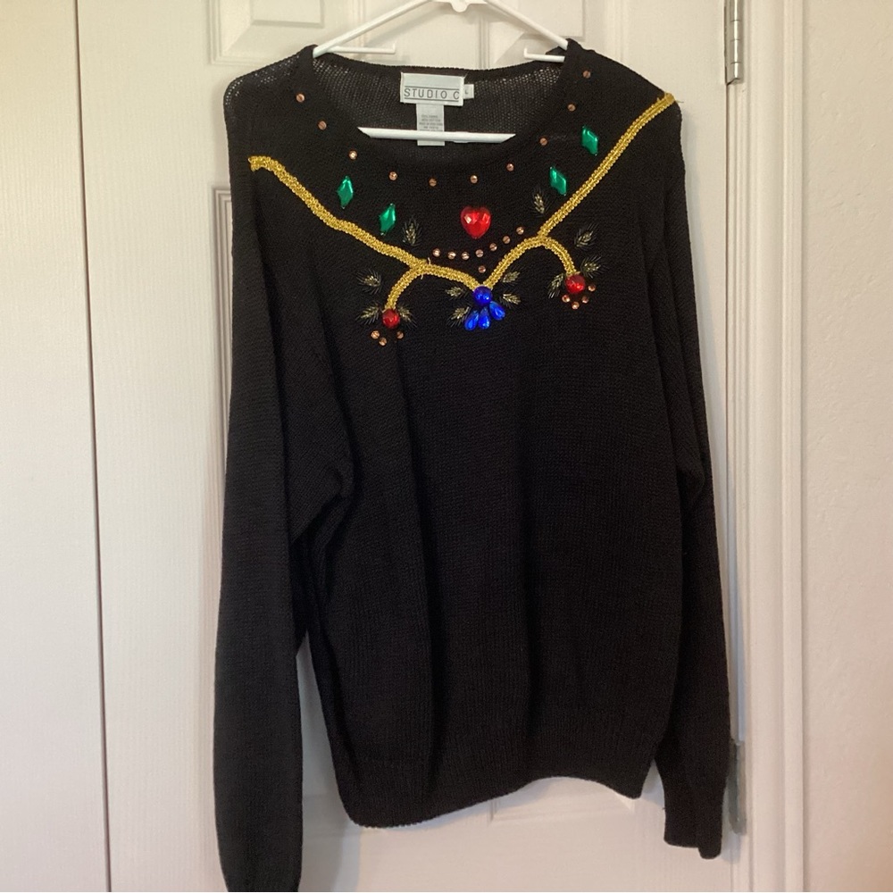 Studio c black sweater L stone, bead, sequin trim decorated very good pre worn